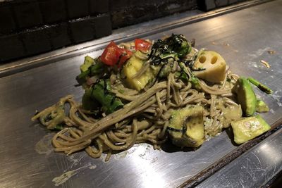 High angle view of vegetables in plate on table