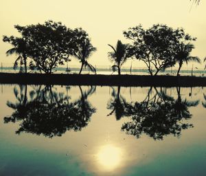 Silhouette trees by lake against sky during sunset