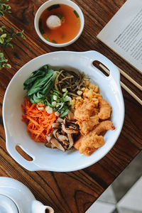 High angle view of food served on table