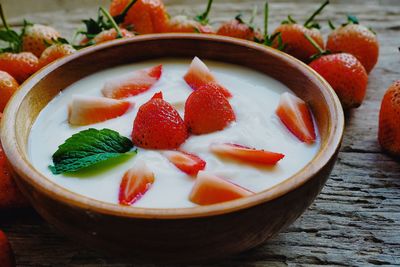 Close-up of fruits in bowl on table