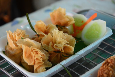 High angle view of chopped vegetables in plate