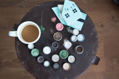 High angle view of drink on table