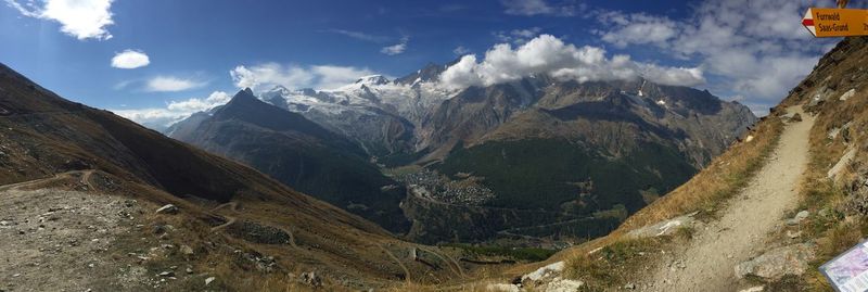 Panoramic view of snowcapped mountains against sky