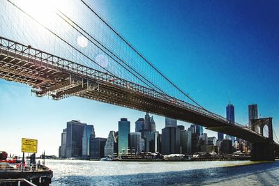 Low angle view of suspension bridge over river