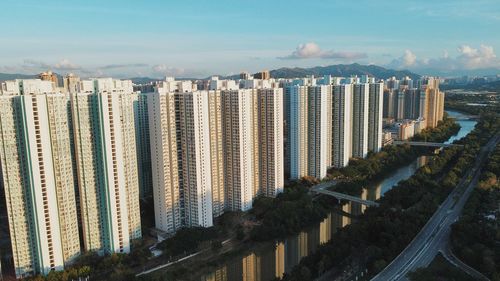 High angle view of buildings against sky