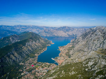 High angle view of lake and rocks against blue sky