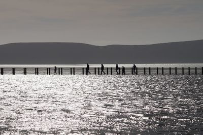 Silhouette people standing on shore by sea against sky