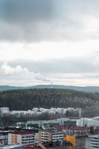 High angle view of buildings against sky