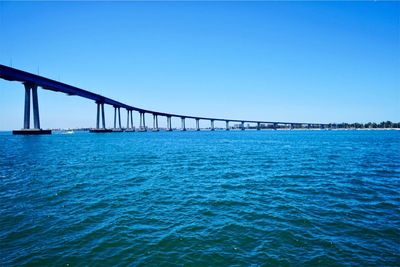 View of bridge over sea against clear blue sky