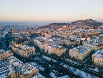 High angle view of townscape against clear sky