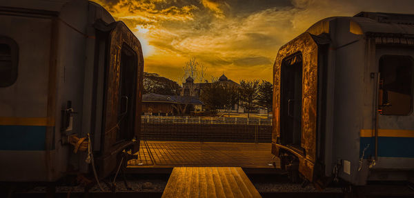 Train against sky at sunset