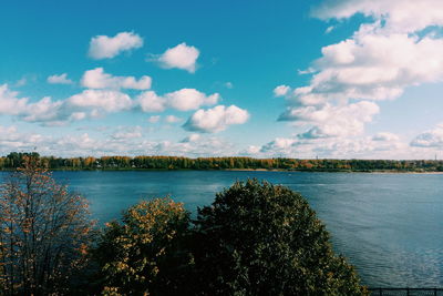 Scenic view of volga river against sky in autumn