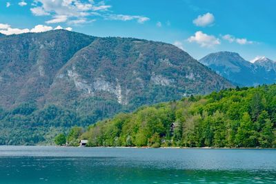 Scenic view of lake by mountains against sky