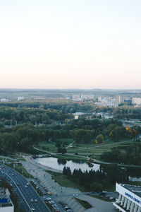 High angle view of city against clear sky