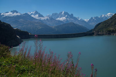 High angle view of dam against mountains