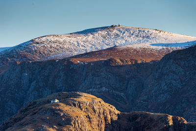 Scenic view of snowcapped mountains against clear sky