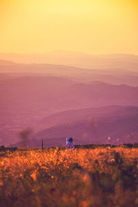 Scenic portrait of an astronaut in field against orange sky