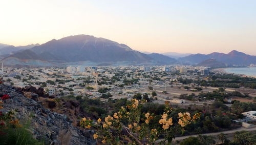 High angle view of townscape against sky during sunset