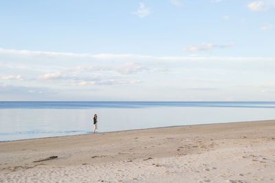 Distant view of woman at the water's edge on a beach