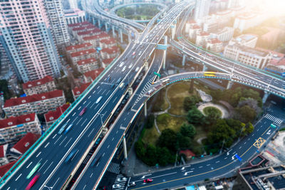 High angle view of traffic on road in city