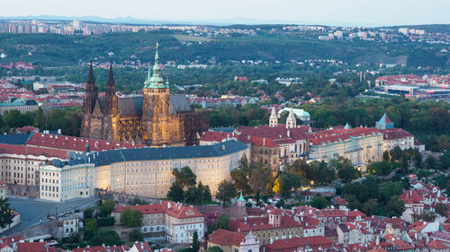 View of prague from petrin observation tower at sunset