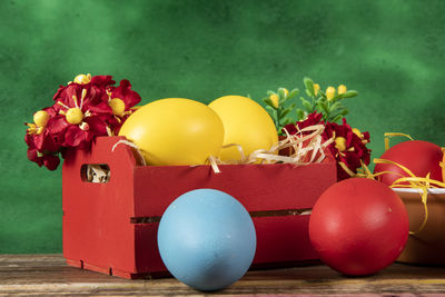 Close-up of easter eggs on table