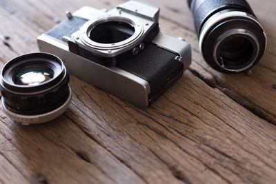 High angle view of camera on table