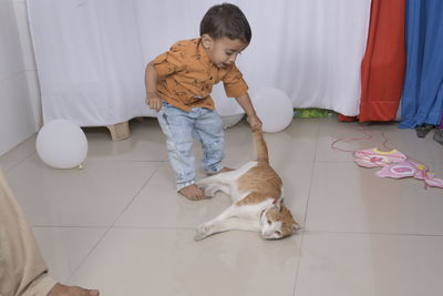 Cute boy playing with cat at home