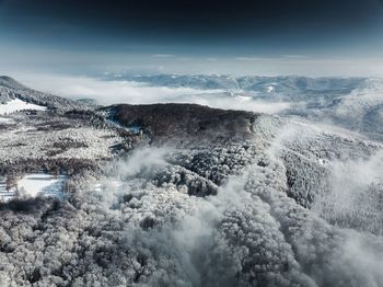 Aerial view of forest and mountain against sky during winter