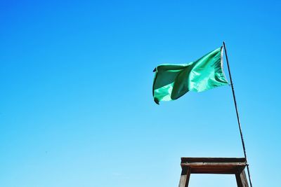 Low angle view of flag against clear blue sky