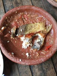 High angle view of fish in bowl on table