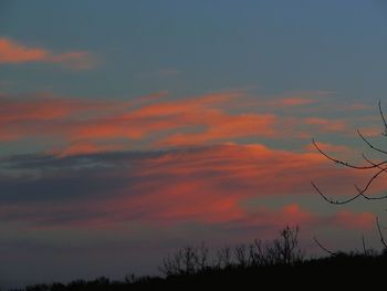 Low angle view of silhouette trees against dramatic sky