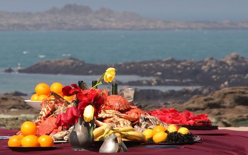 Dining table with sea in background