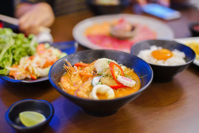 Close-up of meal served on table