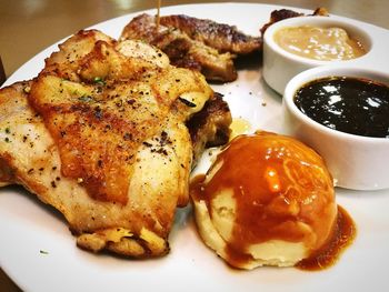 Close-up of breakfast served in plate