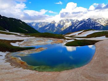 Scenic view of lake and mountains against sky