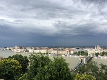 High angle view of chain bridge over river against buildings and cloudy sky