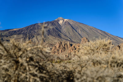 Scenic view of mountains against clear blue sky