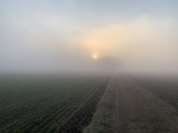 Scenic view of field against sky during foggy weather