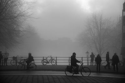 Silhouette of people on bicycle in city