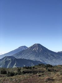 Scenic view of mountains against clear blue sky