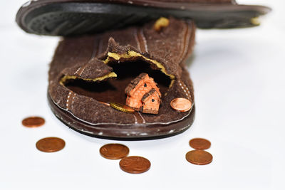 Close-up of coins on table against white background