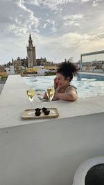 Side view of young woman bathing