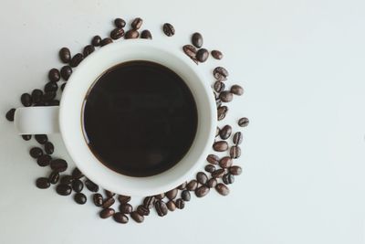 Directly above shot of coffee cup against white background