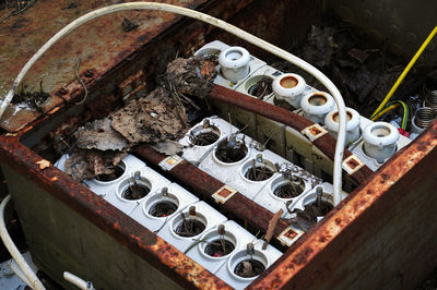 High angle view of abandoned vintage car