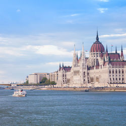 Low angle view of hungarian parliament building by river against sky