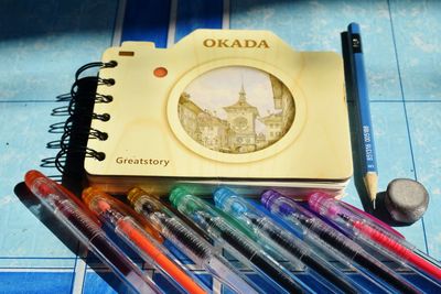 High angle view of multi colored pencils on table