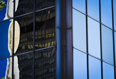 Low angle view of modern building against clear blue sky