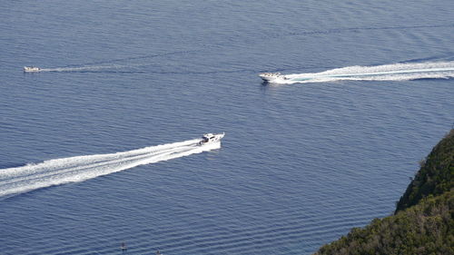 High angle view of ship in sea