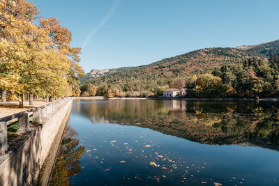 Reflection of trees in lake against sky